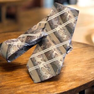 TIE - Daniel Ellissa tie brown gray beige paisley print 100% polyester.